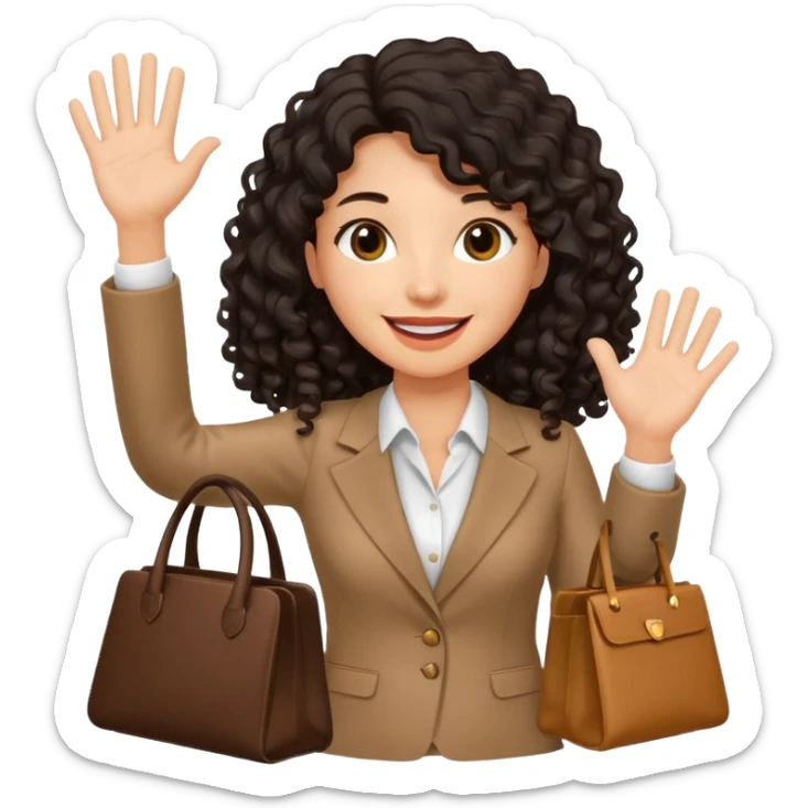 medium deep tan brown business woman with long black curly hair, waving hand with happy face with smile mouth and carrying bag on her shoulder sticker