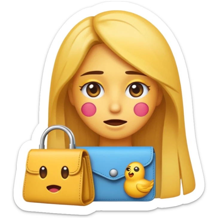 Emoji de chica muy desesperada, llorando, con ojos grandes y lágrimas, sosteniendo una billetera vacía al revés, estilo emoji minimalista, dramatismo exagerado, fondo transparente. sticker