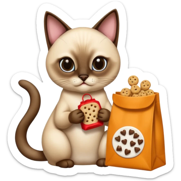 Un chat siamois qui mange des gâterie dans un sac de marque temptations  sticker