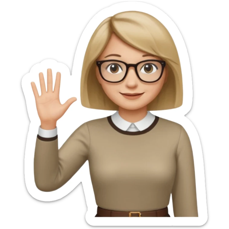 woman dark blonde petite bob haircut wears smaller squared dark  glasses, classic clothes, smiling, waving, a tad older, waving, light colored shirt sticker