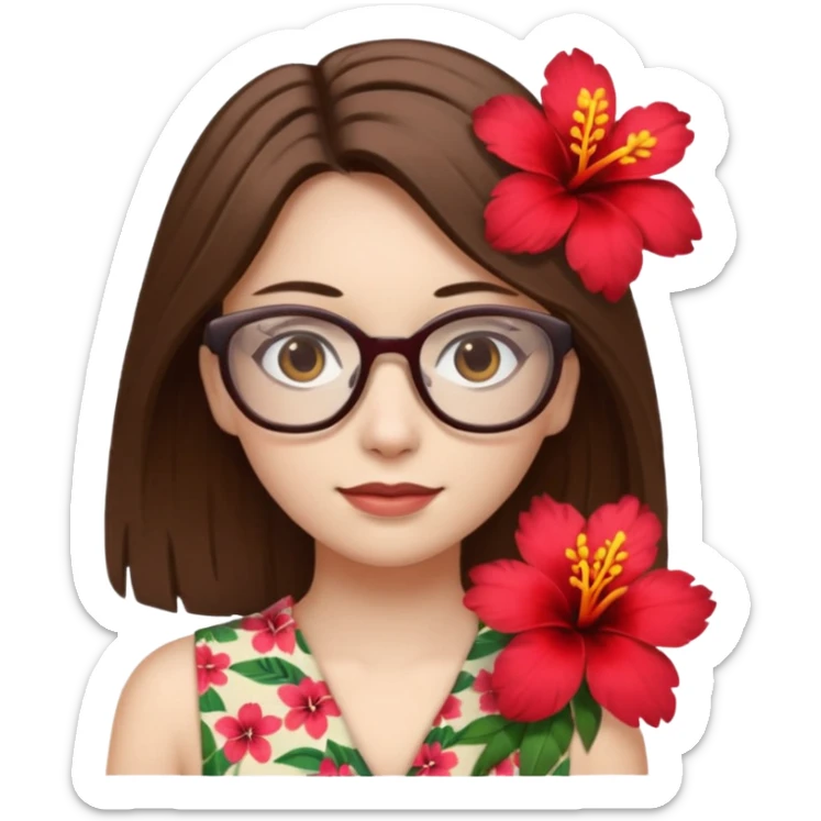 female with white skin. Shoulder length straight brown hair. Brown eyes with glasses. Hawaiian Flower in hair sticker