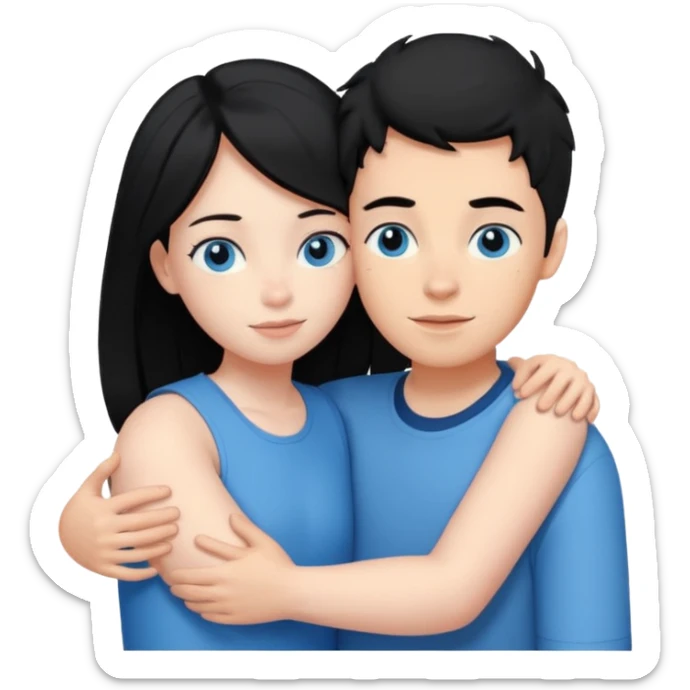 Ginger boy without facial hair hugging girl with black hair. Both have blue eyes.  sticker