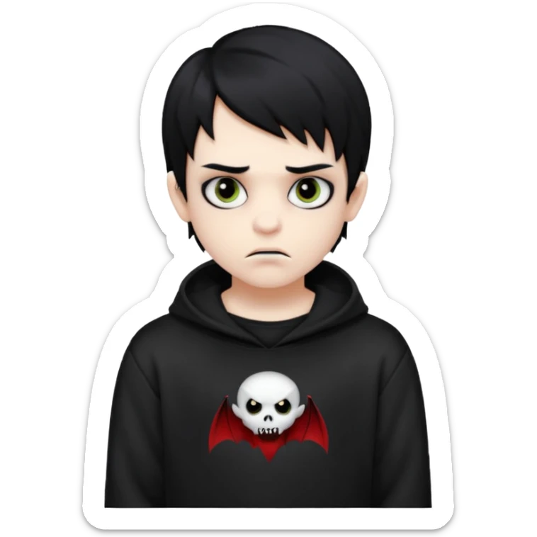 Vampire boy with the black emo hair, pale-white skin, black eyes, little fangs and dark circles under his eyes. He has serious face and he wear a black oversize sweatshot sticker