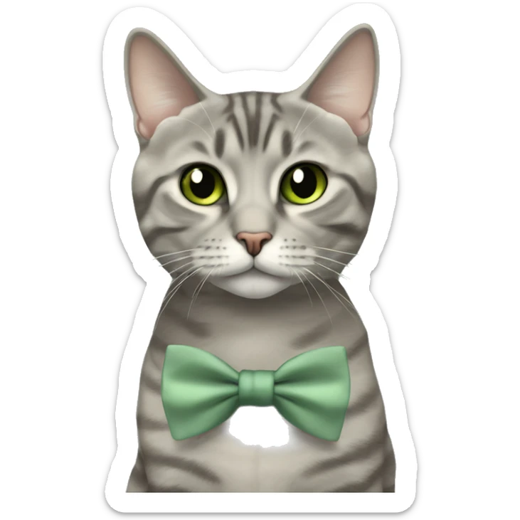 Aesthetic round-faced grey tabby British short hair full body cat with sage green bow tie sticker