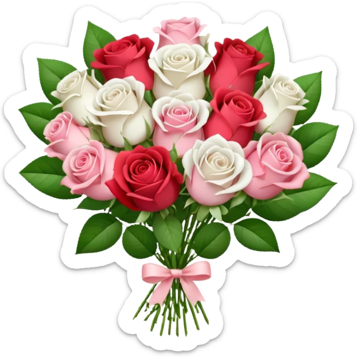 A white paper-wrapped bouquet of fresh roses and baby’s breath sticker