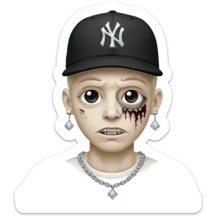 Zombie con aretes con una gorra new York yankee y una cadena de diamante hombre aretes pequeños y de negro y blanco  sticker