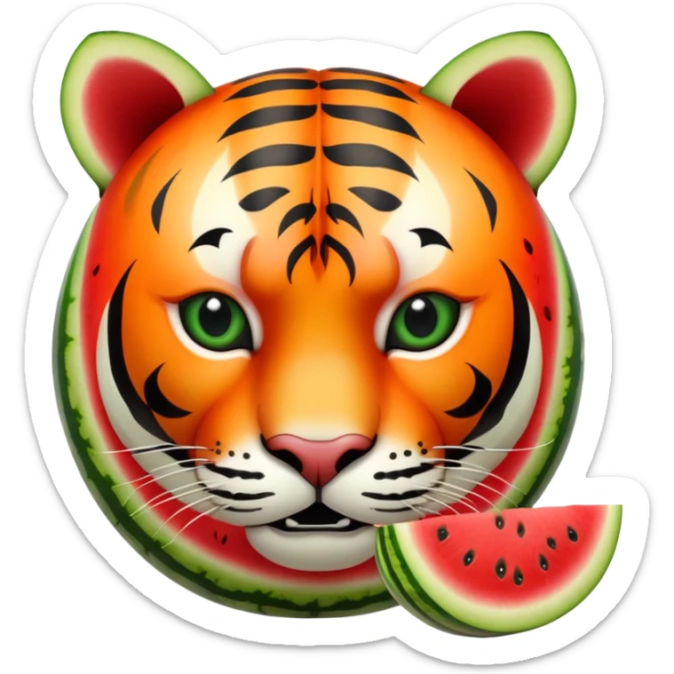 Cartoon watermelon with tiger face where the red flesh is visible, tiger stripes blending with watermelon pattern sticker