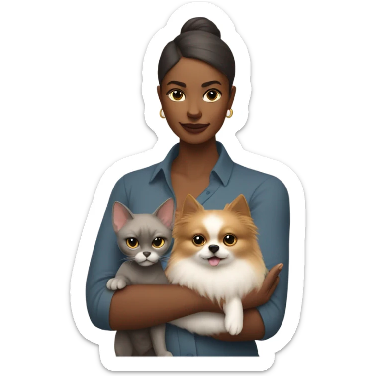Woman in the right arm is holding a sphinx grey cat and in the left arm holding a Pomeranian dog sticker