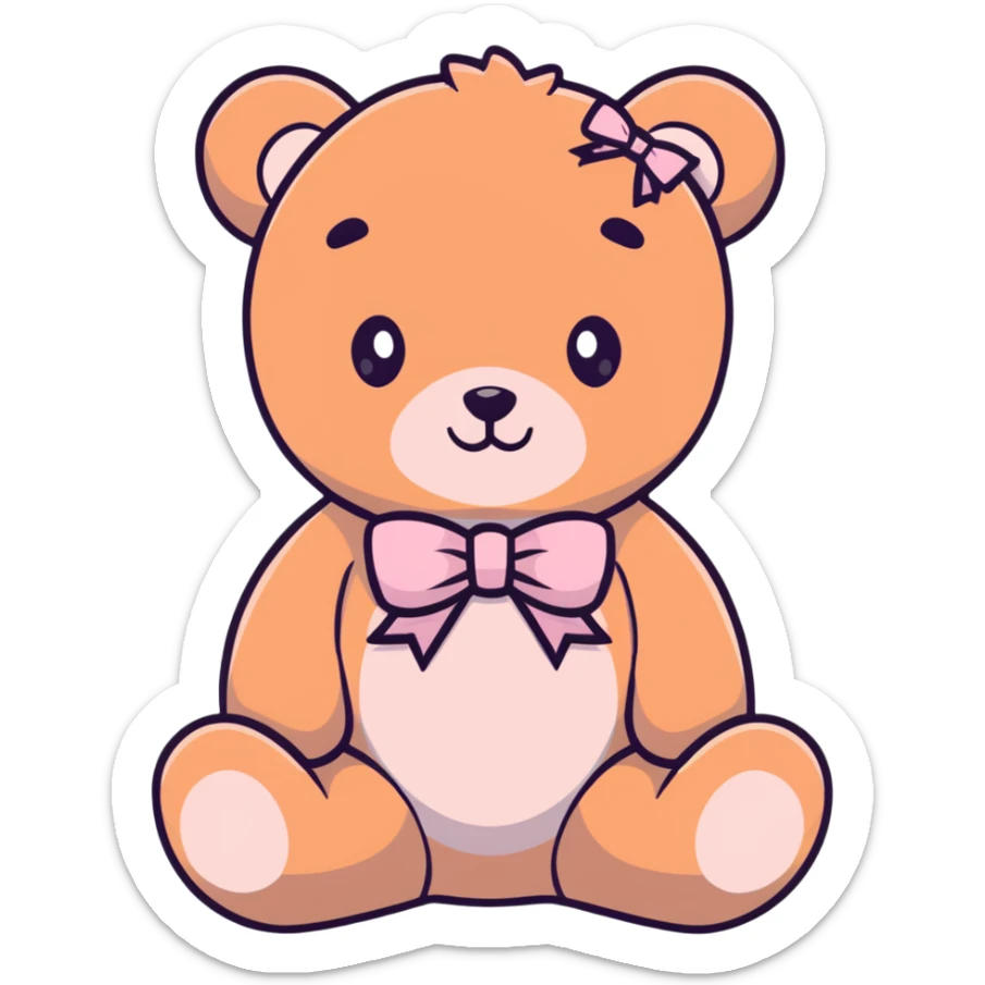 Stuffed teddy bear with light pink ribbon tied in a bow around its neck sticker