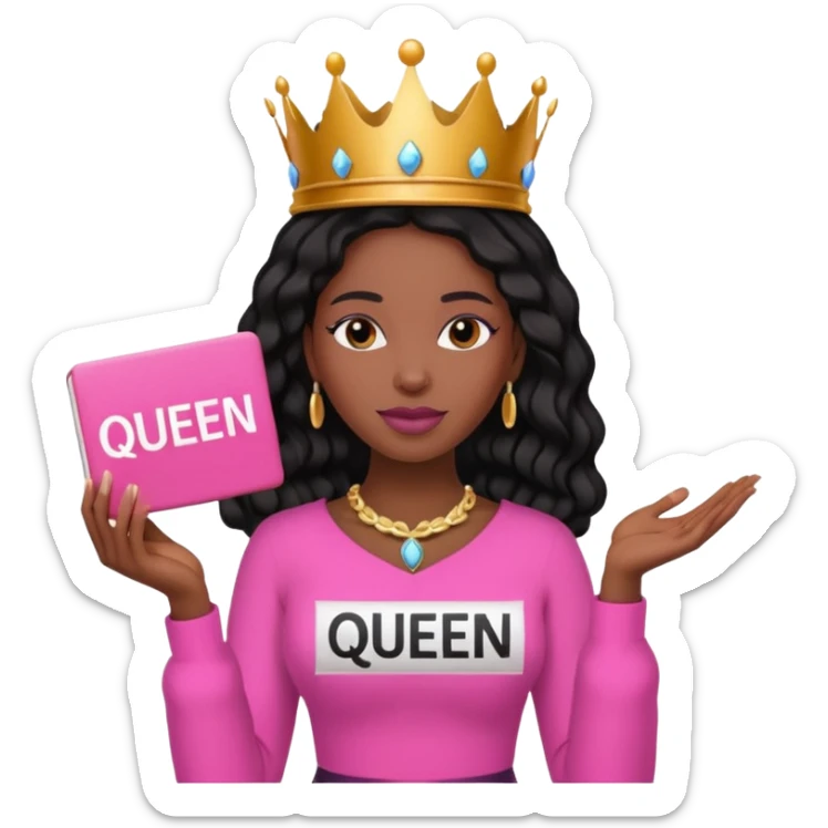 Crear una reina morena clara con ropa rosa sosteniendo la palabra Queen en sus manos sticker