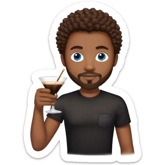black man with brown curly hair and blue eyes facial hair black shirt holding espresso martini sticker