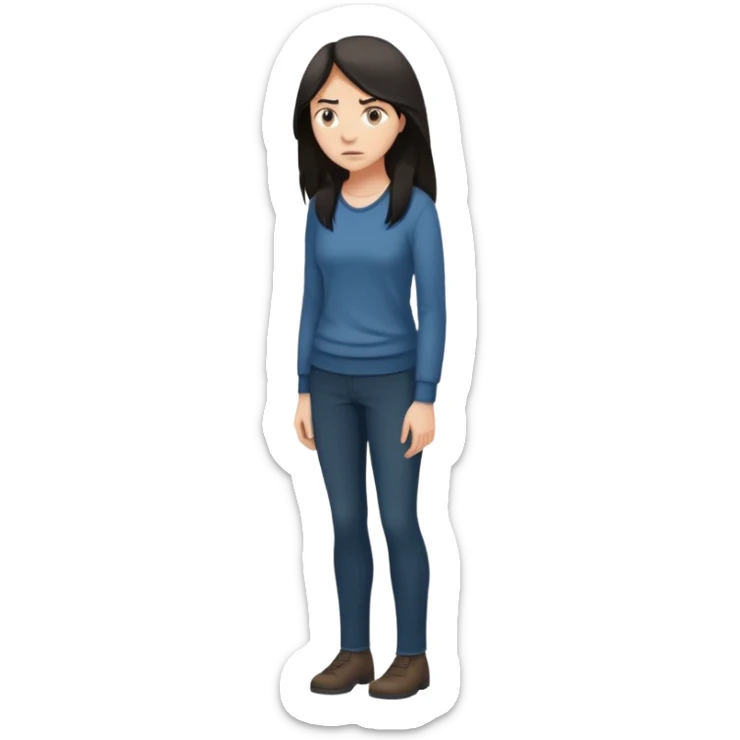 "Cartoon emoji of a woman with long, loose dark hair, wearing plain, simple clothes. Full-height, standing, nervous, unsure, worried expression. Slightly hunched, anxious posture. Smooth, simple, stylized."Eyes looking down or away, avoiding direct contact sticker