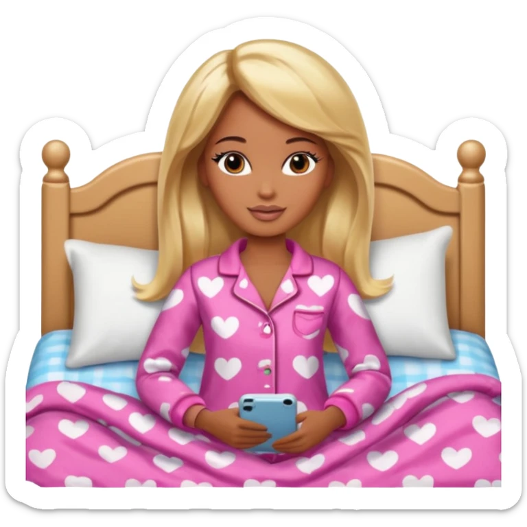 Brown skin blonde hair Barbie in pajamas in bed sticker
