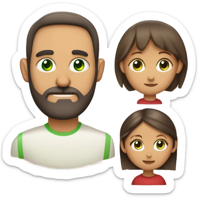 familia de tres personas: una madre de ojos verdes piel clara y pelo rojo rizado, un padre calvo de ojos verdes con barba corta y piel clara, una hija de piel clara ojos verdes con braquets y pelo liso con marrón claro y dos mechones rubios delante sticker