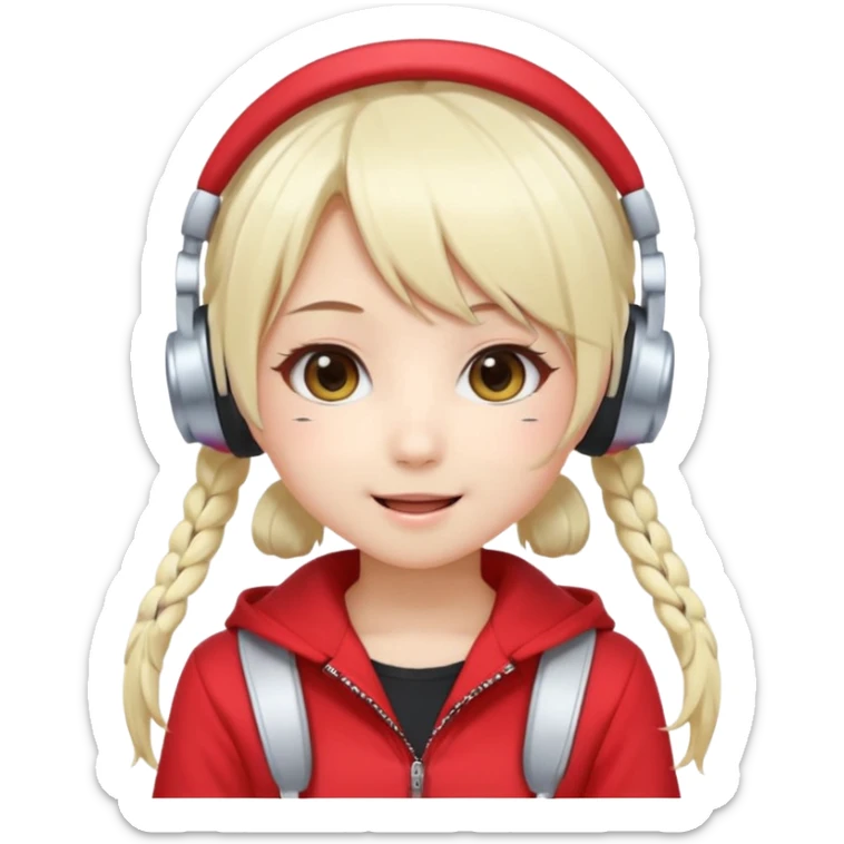 Cute kawaii emoji-style Japanese K-pop singer girl, long platinum blonde hair in twin tails, red outfit, headset mic on cheek, Japanese K-pop idol vibes, big sparkling eyes, chibi proportions, clean lineart, pastel colors, cheerful idol smile, sticker/emoji style, transparent background sticker