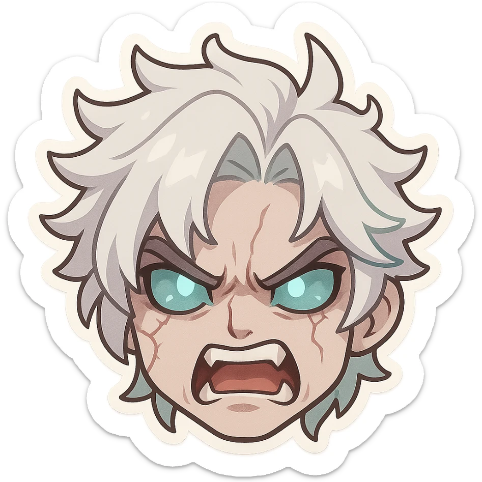 Viego from League of Legends, chibi style emote, only head, very angry expression sticker