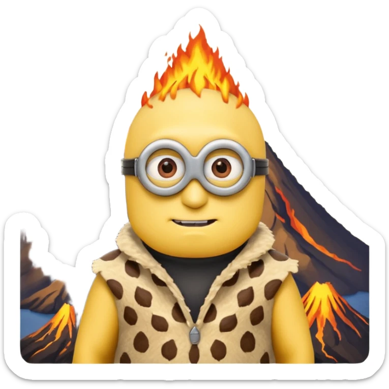 a minion wearing ancient animal skin cloth with volcano behind, half body, icon sticker