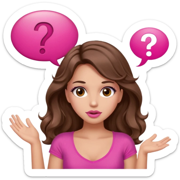 girl with long wavy brown hair, brown eyes, long lashes makeup, sexy pink lips, light to medium complexion, wearing a pink sexy top, shugging, question mark one speech bubble sticker