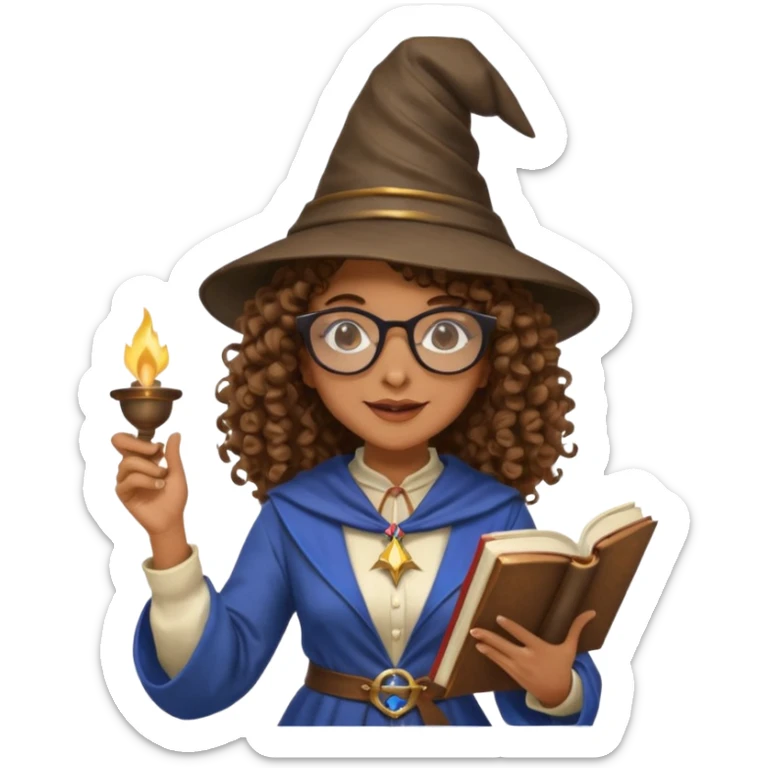 A Joyful Adult Female with Brown skin and Curly hair, wearing a Traditional outfit, a Wizard hat, Sunglasses, carrying a Spellbook, working as a farmer, while drinking Coffee and reading a Textbook. sticker