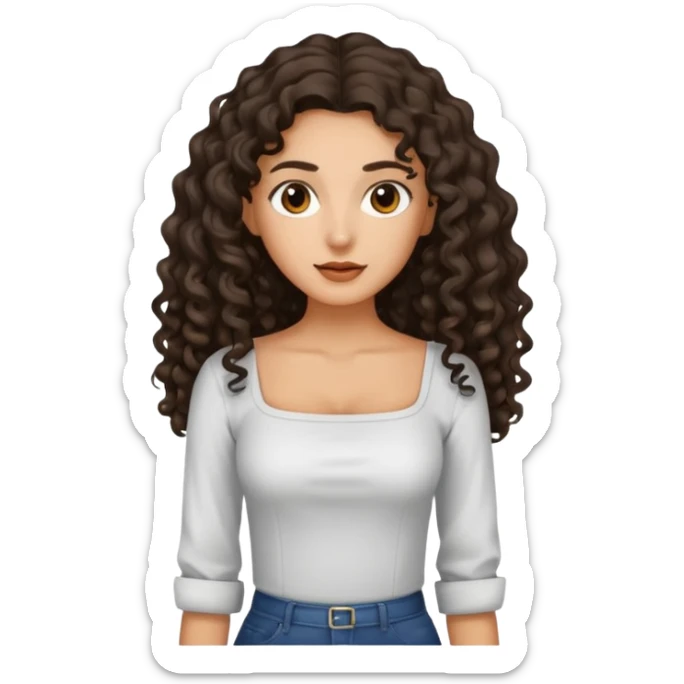 A tan girl with SUPER long dark curly hair and a square neckline shirt sticker