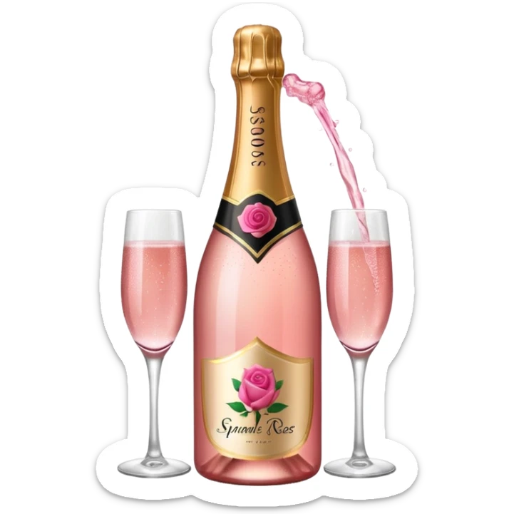 bottle of sparkling rose champagne tilted up and to the right, with a rose logo sticker