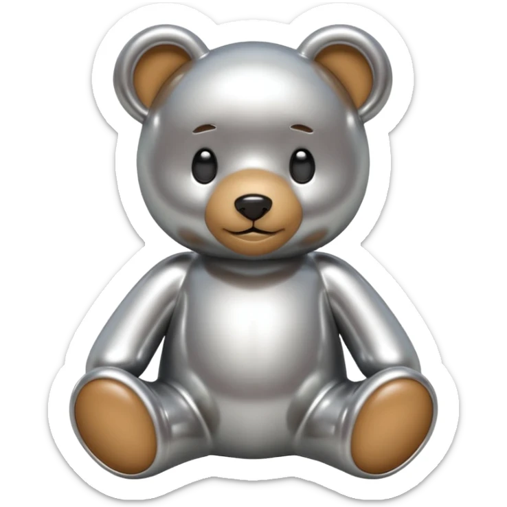 A cute teddy bear emoji made of liquid silver chrome, smooth rounded body, glossy metallic surface, soft reflections, friendly proportions, iOS emoji style, centered, clean white background sticker