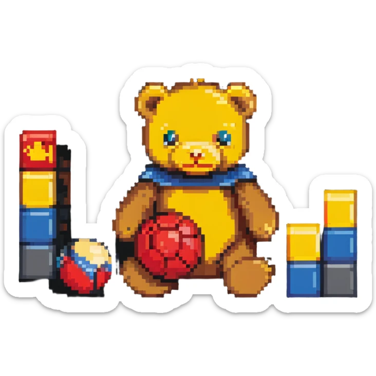 classic childhood toys scattered - brown teddy bear, yellow duck toy, primary colored blocks, red ball, superhero figure sticker