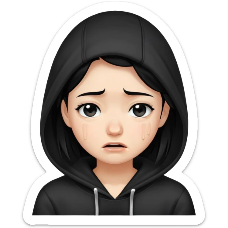 girl with black hair crying wearing a black hoodie sticker