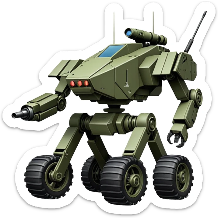 a roomy 4-wheel armored personnel stealth camouflage army massive mech trail vehicle shooting forward side-hill leaning actively articulating independent suspended pod gimbal enemy mech off-road racing rover with large fast engine RC basher megatron  sticker