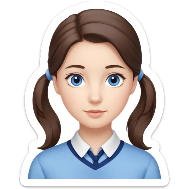 Realistic Student Portrait, with porcelain-like skin featuring a natural rosy flush, illuminated by soft lighting that highlights the gentle contours of her face. Her Brunette pony tail hair flows in soft, Her deep blue eyes radiate warmth and innocence,  wear light blue preppy style. sticker