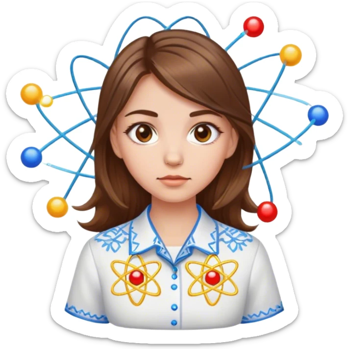 a Ukrainian girl with brown hair in an embroidered shirt and an atom sticker
