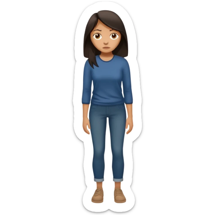 "Cartoon emoji of a woman with long, loose dark hair, wearing plain, simple clothes. Full-height, standing, nervous, unsure, worried expression. Slightly hunched, anxious posture. Smooth, simple, stylized." sticker