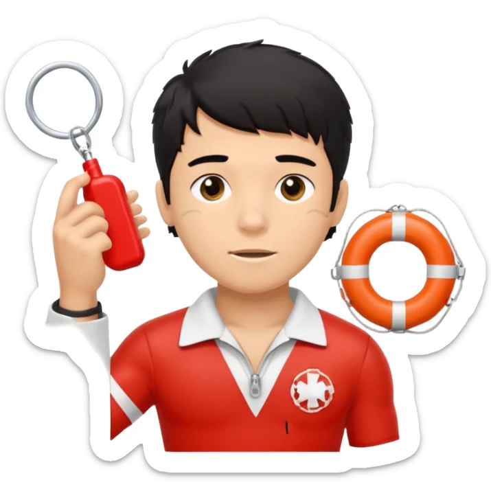 Tan Muscular lifeguard teen boy with rescue buoy and whistle messy black hair saving life sticker