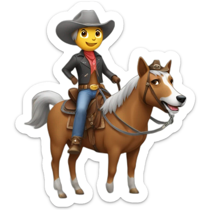 Dog wearing a cowboy hat riding a brown horse which is riding a gray cat sticker