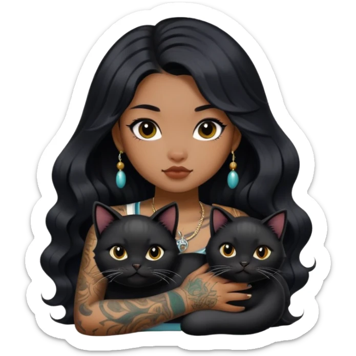 a Chinese girl with long black  Big Wave hair and tattoos and a black round faced cat no hands sticker