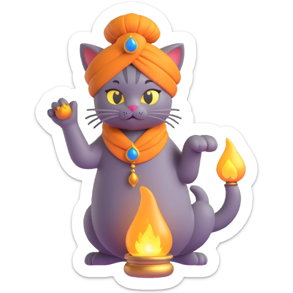 genie cat wearing a turban, smoky tail, floating out of an oil lamp, 3D emoji style sticker