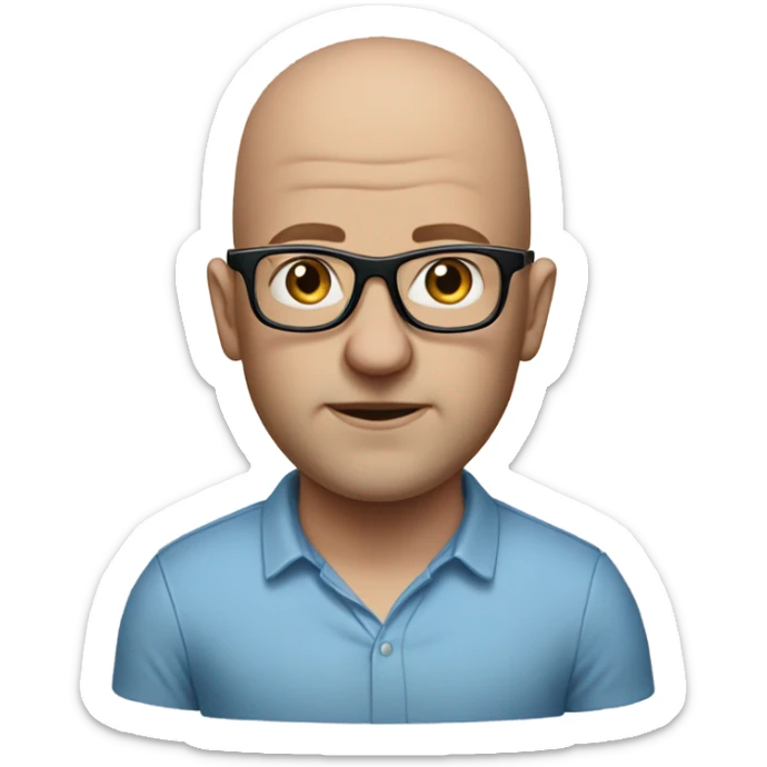 realistic portrait of a Marty with glasses, blue eyes and white bald sticker