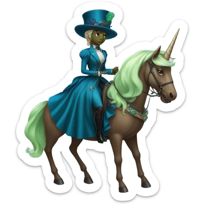 "galora green blonde alien woman" in blue Victorian dress elegant, full body, on brown and white unicorn sticker