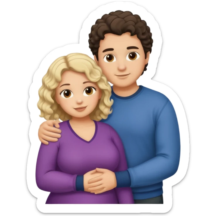 flirty couple hugging. The man dark brown brushed hair. The woman is chubby and has shoulder-length blond curls sticker