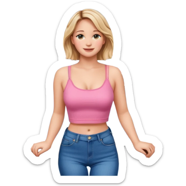 jennifer lawrence, pink crop top, and blue jeans, leaning on a balcony with a harbor and cityscape in the background, smiling sticker