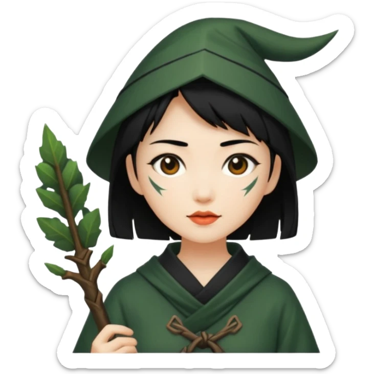 east asian forest mage woman short black hair rune sticker