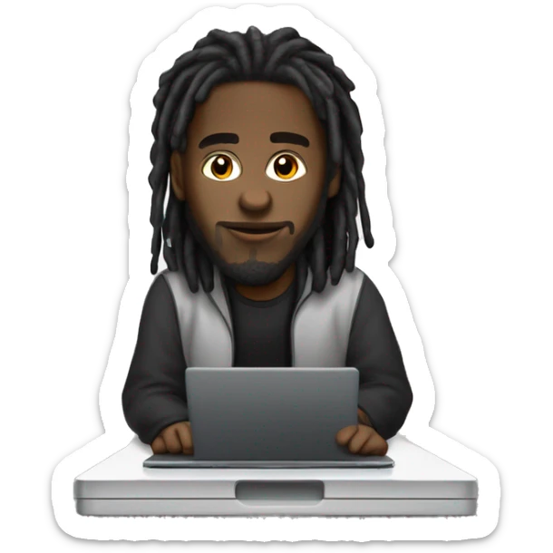 Black-guy-with-dreads-wearing-black-trackstuit-sitting-down-on-chair facing-foward-focused-on-laptop-computer- sticker
