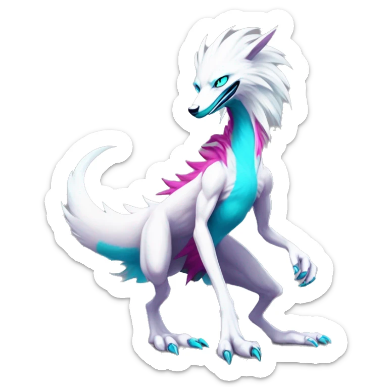 White elegant beautiful natural cute badass epic anthro modern albino sergal-vernid-Fakémon with cyan mane and magenta eyes with cyan edgy stripes, anthropomorphic, two-legged, digitigrade, full body sticker