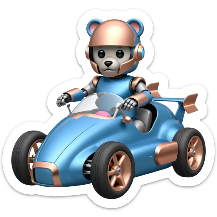  Metallic blue and rosegold-accented  racing car for furry-faced grey bearded evil scary robot teddy bear and passenger with custom aero body and rear spoiler  sticker