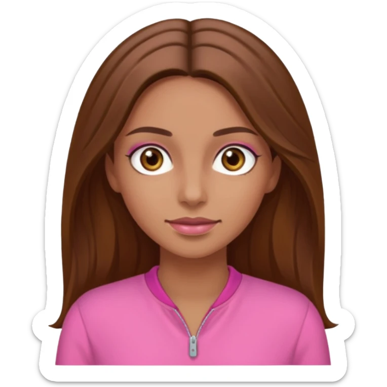 Tan skinned woman with long brown hair, hazel colored eyes, and wearing a pink outfit. sticker
