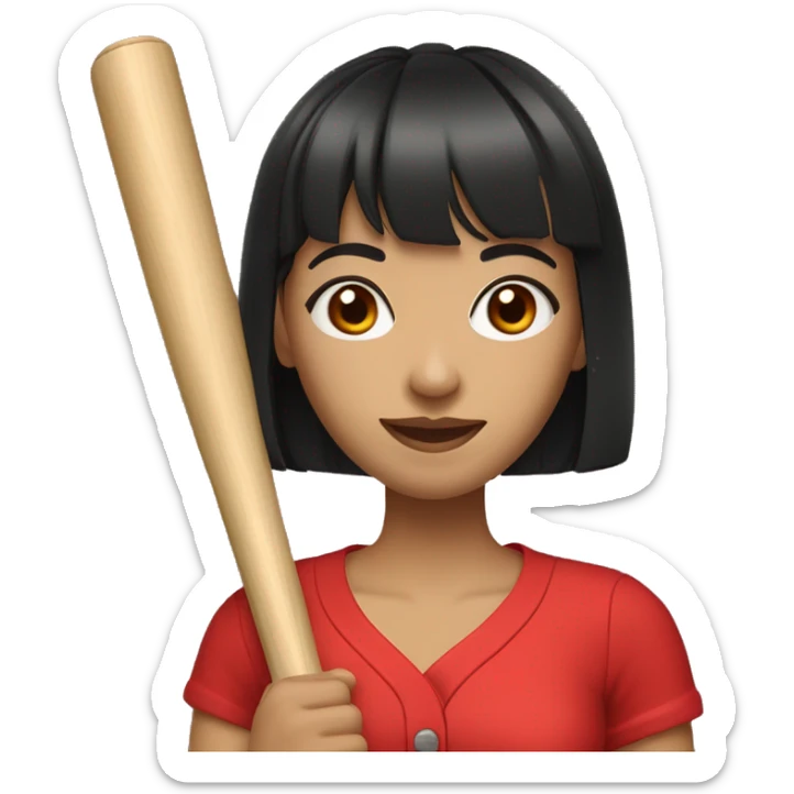 Asian Woman with full bangs, smiling, long black hair, hoop earrings, red dress, holding a baseball bat sticker