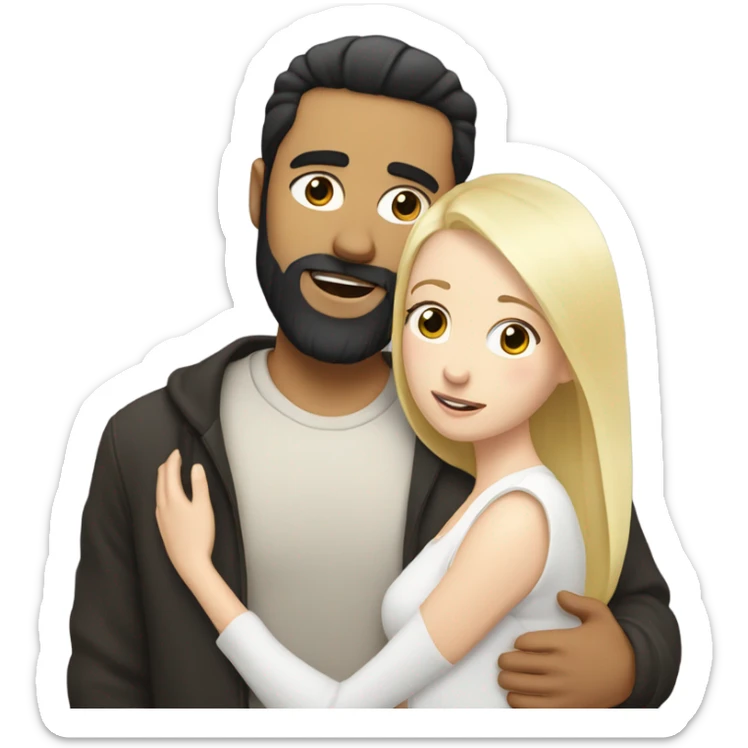 Man, white skin, short black hair, long beard, hugging a white woman with blonde hair  sticker