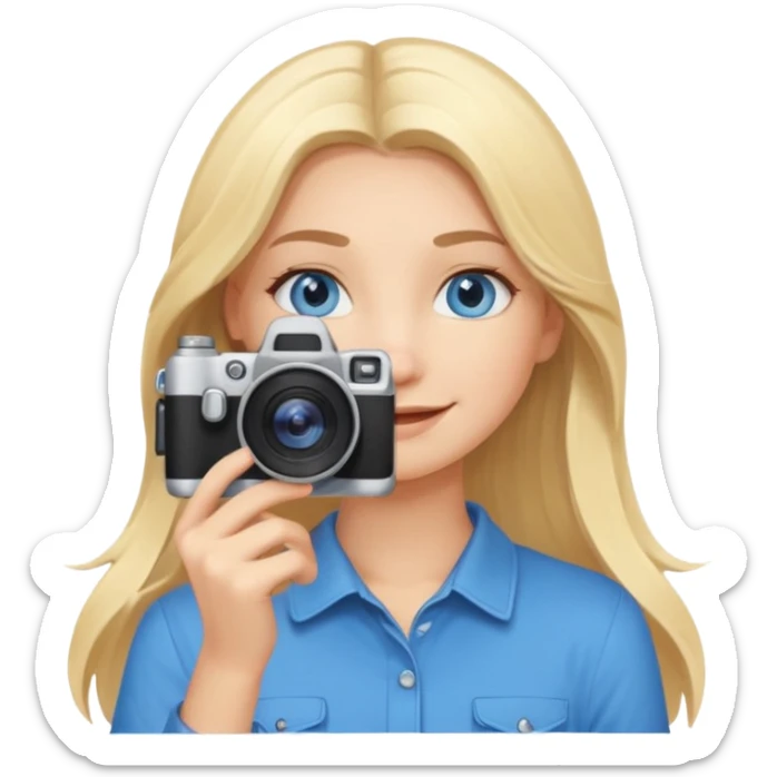  blue eyes blonde girl photographer cartoon taking picture in middle of taking picture camera in front of face long hair smiling funny flash professional, camera in front of face sticker