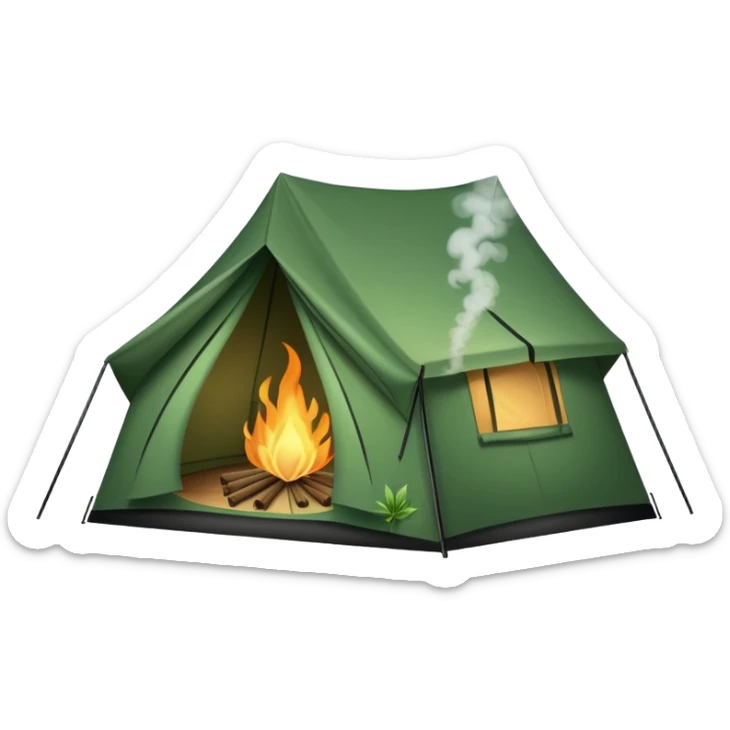 a tent with halfaway opened doors. the tent is filled with clouds of smoke. in the middle of the tent is a weed leaf sticker