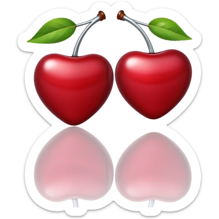 A pair of cherries emoji made of polished silver chrome, smooth rounded shapes, glossy metallic finish, soft highlights and reflections, cute proportions, iOS emoji style, centered, clean white background, no text sticker